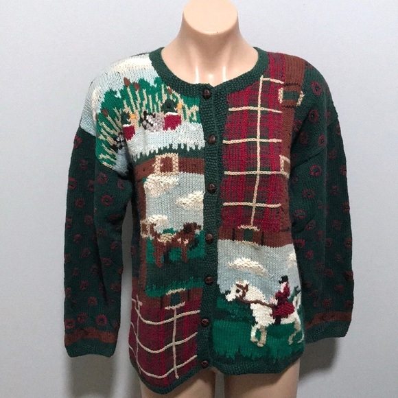 Portraits by Northern Isles Deadstock Vintage Sweater Ducks Dog Horse Plaid - Picture 1 of 6